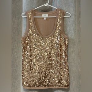 Ann Taylor LOFT Petites Tank Top Full Front Sequins, Size LP, Beige/Gold